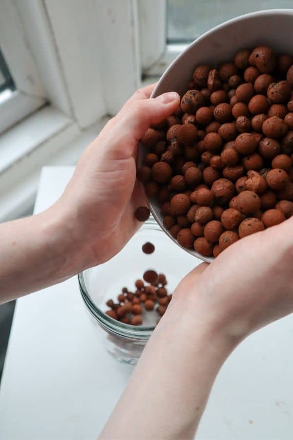 Image of leca being poured into a mason jar terrarium