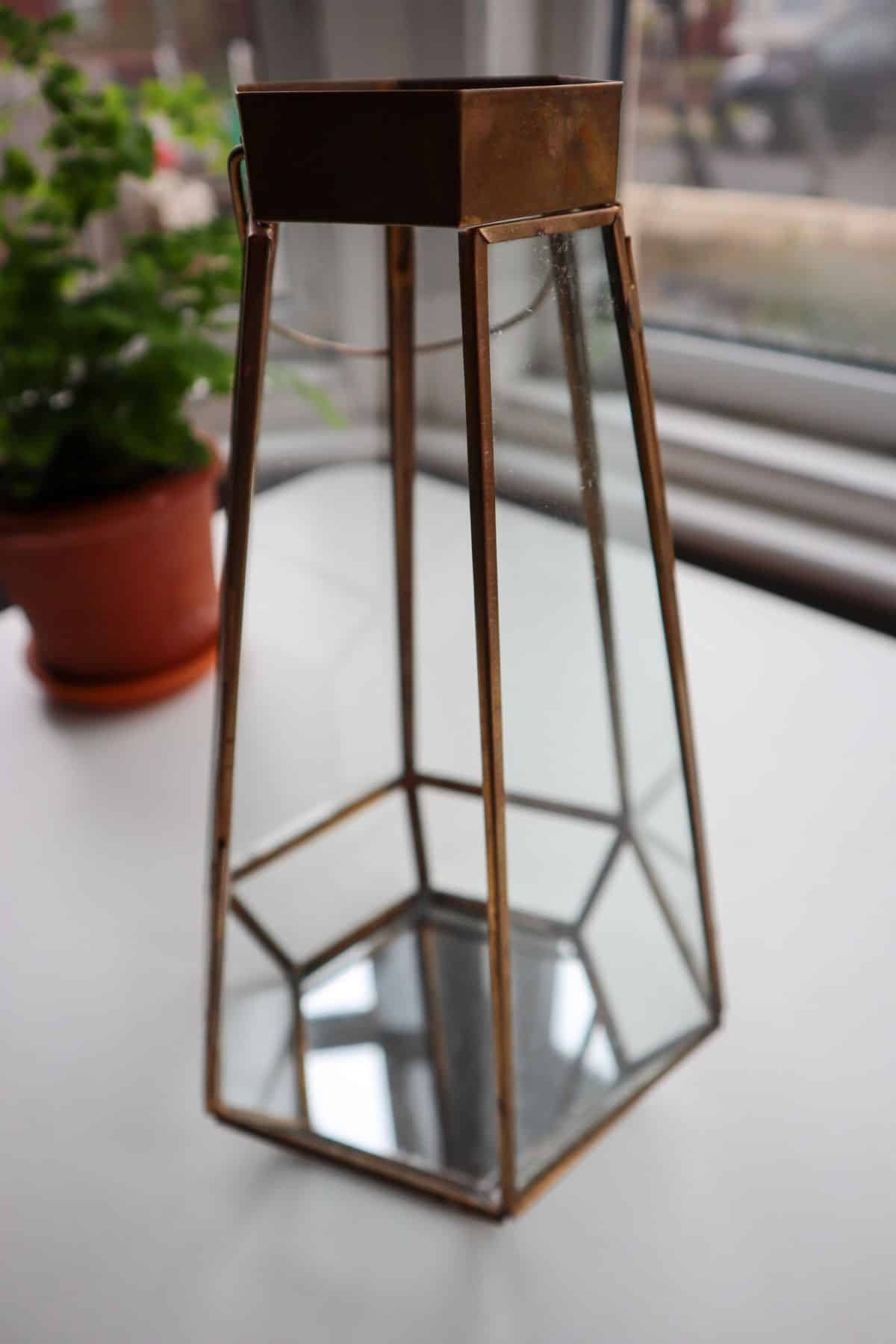 Empty geometric terrarium container with gold framing