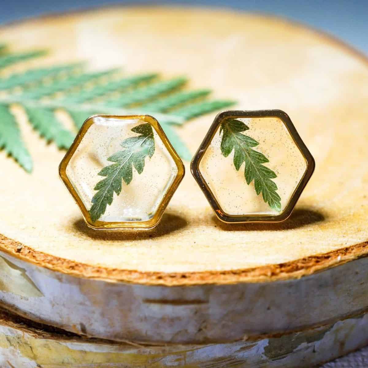 Hexagon stud earrings with small fern in resin