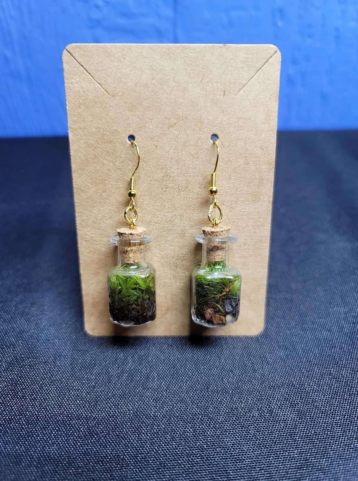 Tiny mini bottle terrariums with living moss and earring hooks