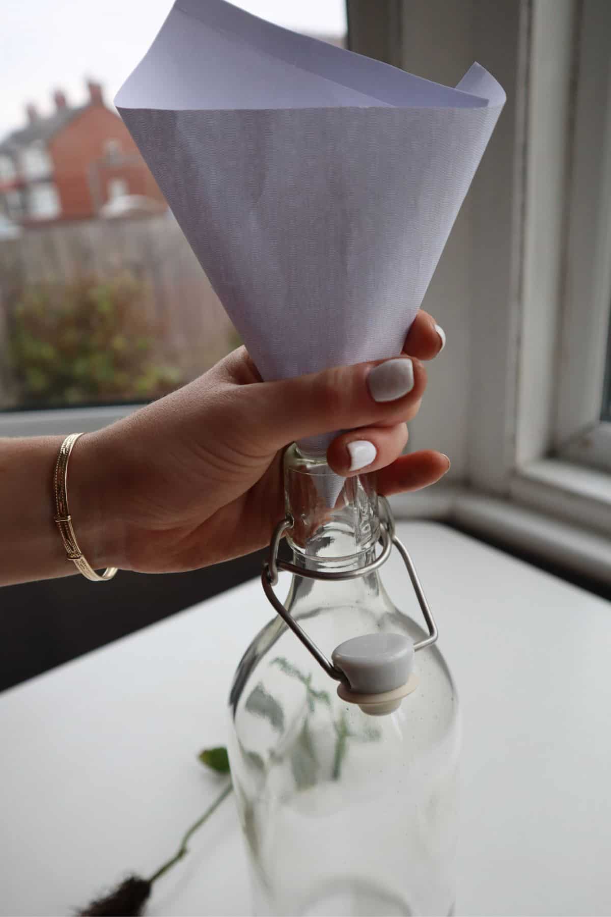 makeshift paper funnel with a blocked end in bottle terrarium