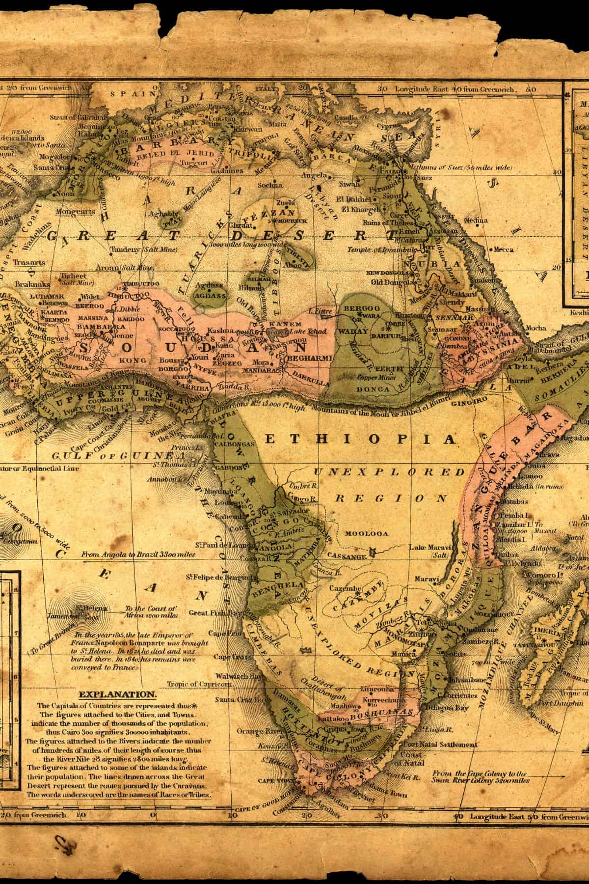 19th Century map of Africa showing a large "unexplored region"